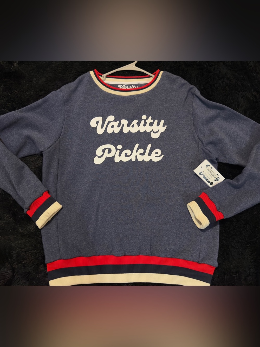Varsity Navy Crewneck Sweatshirt with White Script and Red Trim - Varsity